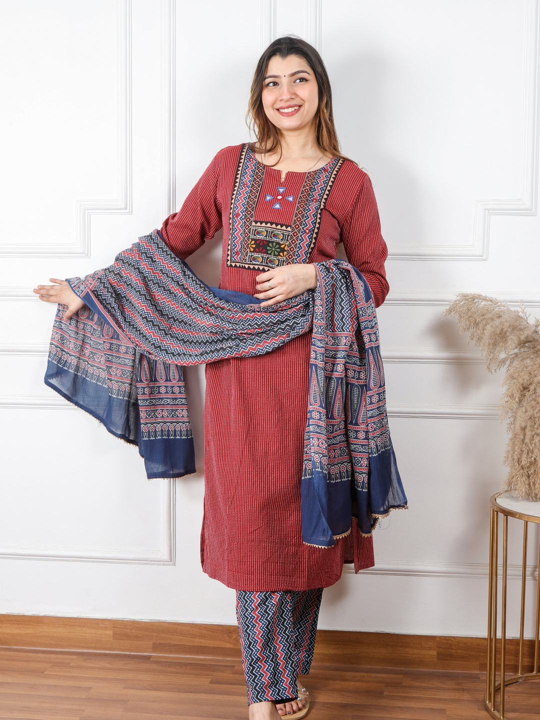 Ghoomar Apple Red Running Stitch With Mirror Work Cotton 3 Piece Set