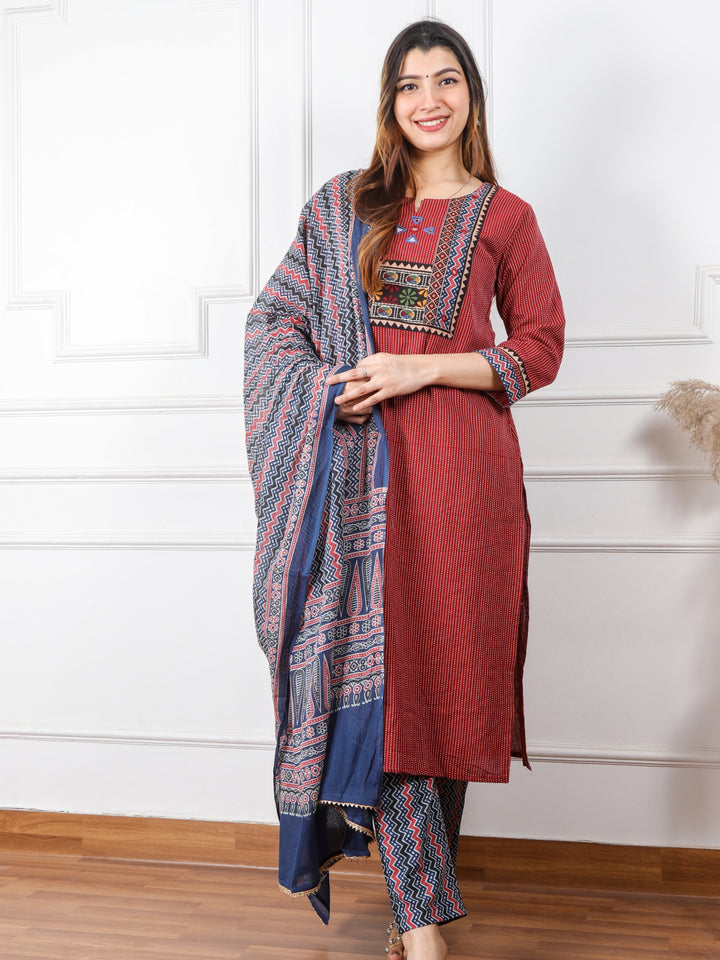 Ghoomar Apple Red Running Stitch With Mirror Work Cotton 3 Piece Set