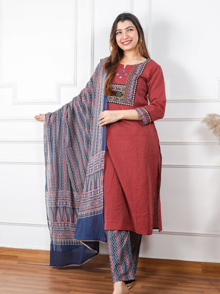 Ghoomar Apple Red Running Stitch With Mirror Work Cotton 3 Piece Set