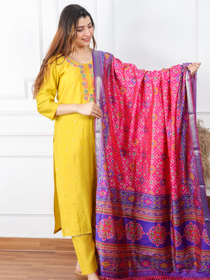 Sufiyana Dijon Yellow Cross-Stitch Embroidered Neck Modal Suit 3 Piece Set