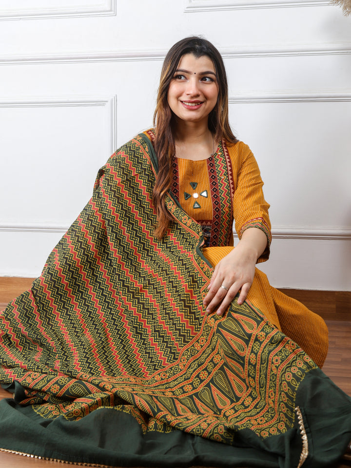 Ghoomar Canary Yellow Running Stitch With Mirror Work Cotton 3 Piece Set