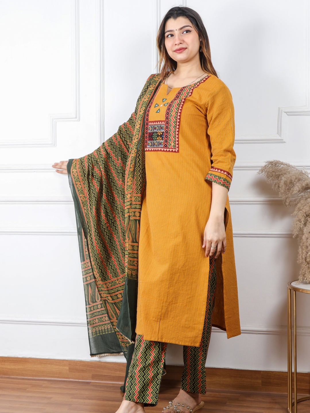 Ghoomar Canary Yellow Running Stitch With Mirror Work Cotton 3 Piece Set