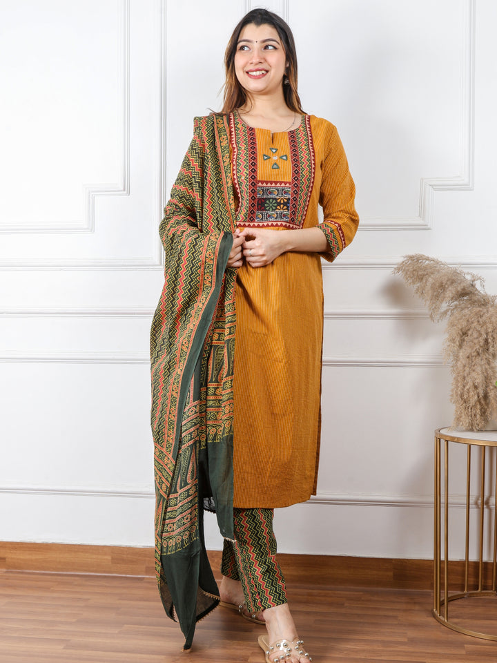 Ghoomar Canary Yellow Running Stitch With Mirror Work Cotton 3 Piece Set