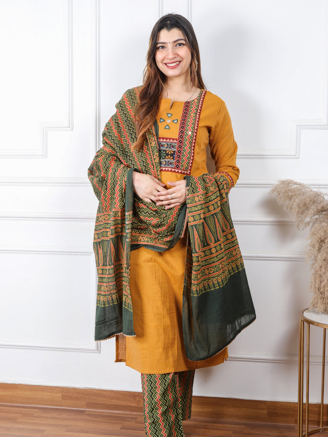 Ghoomar Canary Yellow Running Stitch With Mirror Work Cotton 3 Piece Set