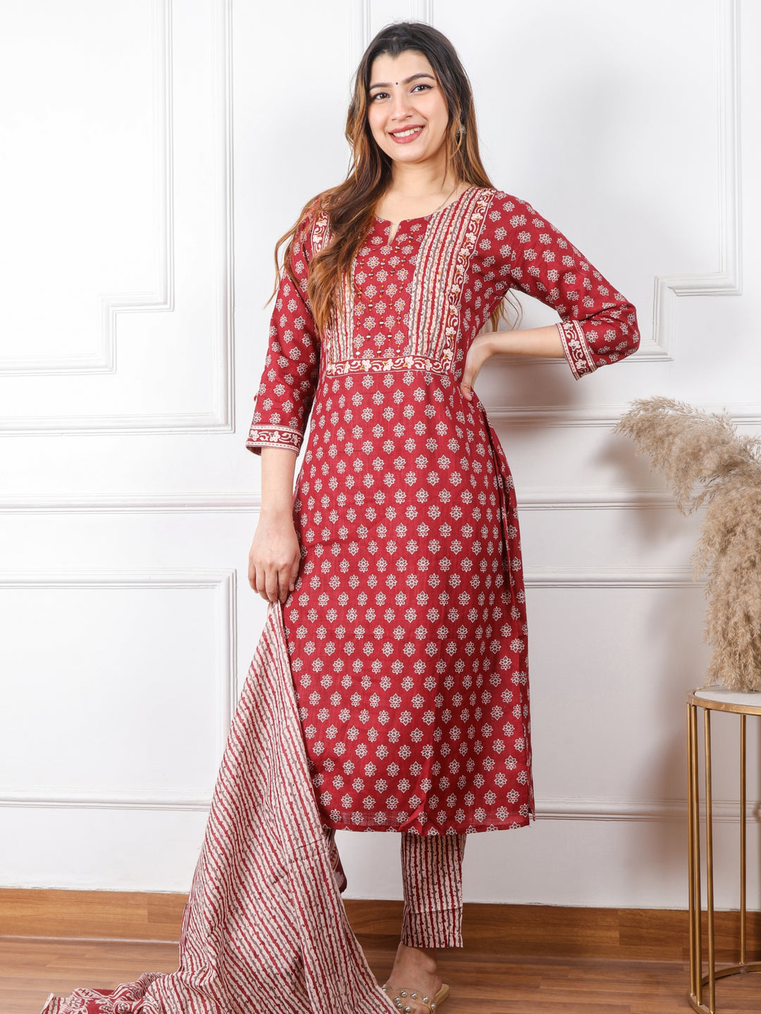 Ghoomar Rust Red Kutch Embroidery Neck Mirror Work Print Cotton 3 Piece Set D2