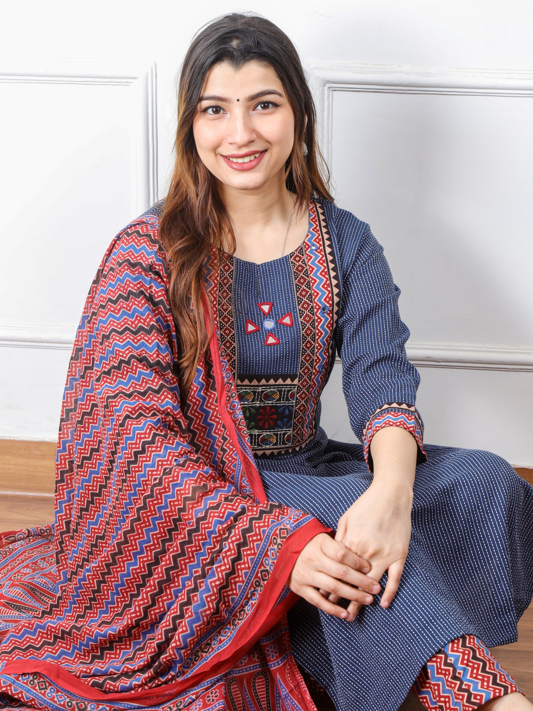 Ghoomar Denim Blue Running Stitch With Mirror Work Cotton 3 Piece Set