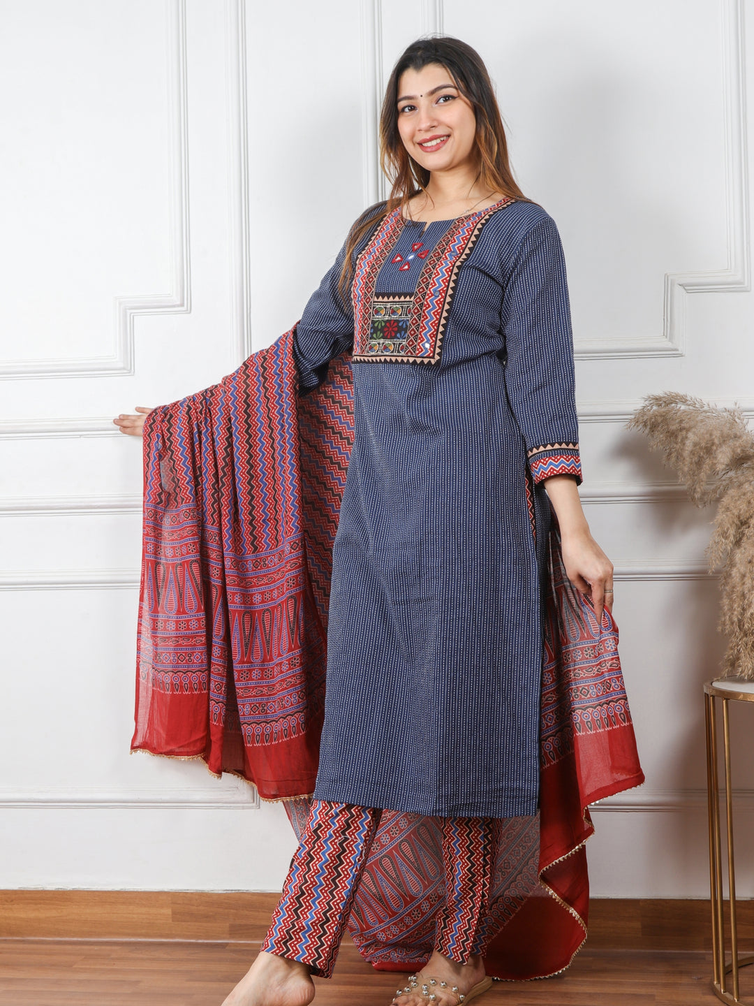 Ghoomar Denim Blue Running Stitch With Mirror Work Cotton 3 Piece Set