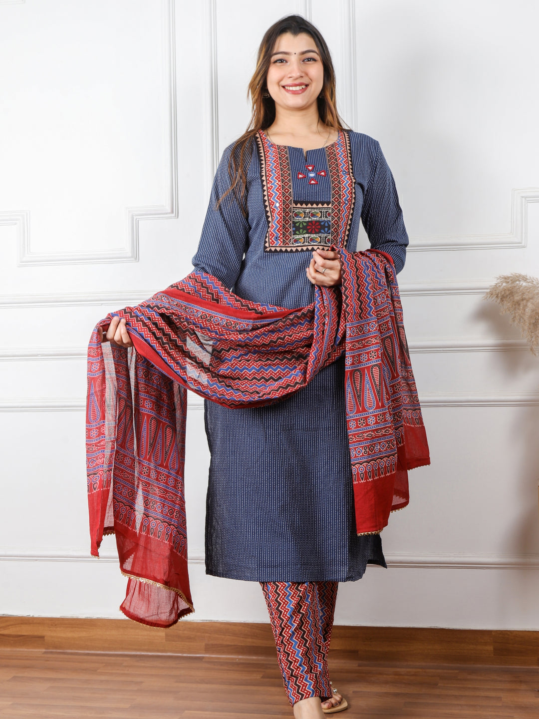 Ghoomar Denim Blue Running Stitch With Mirror Work Cotton 3 Piece Set