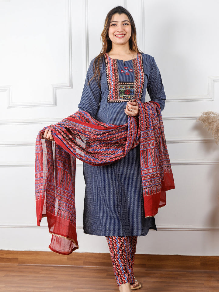 Ghoomar Denim Blue Running Stitch With Mirror Work Cotton 3 Piece Set