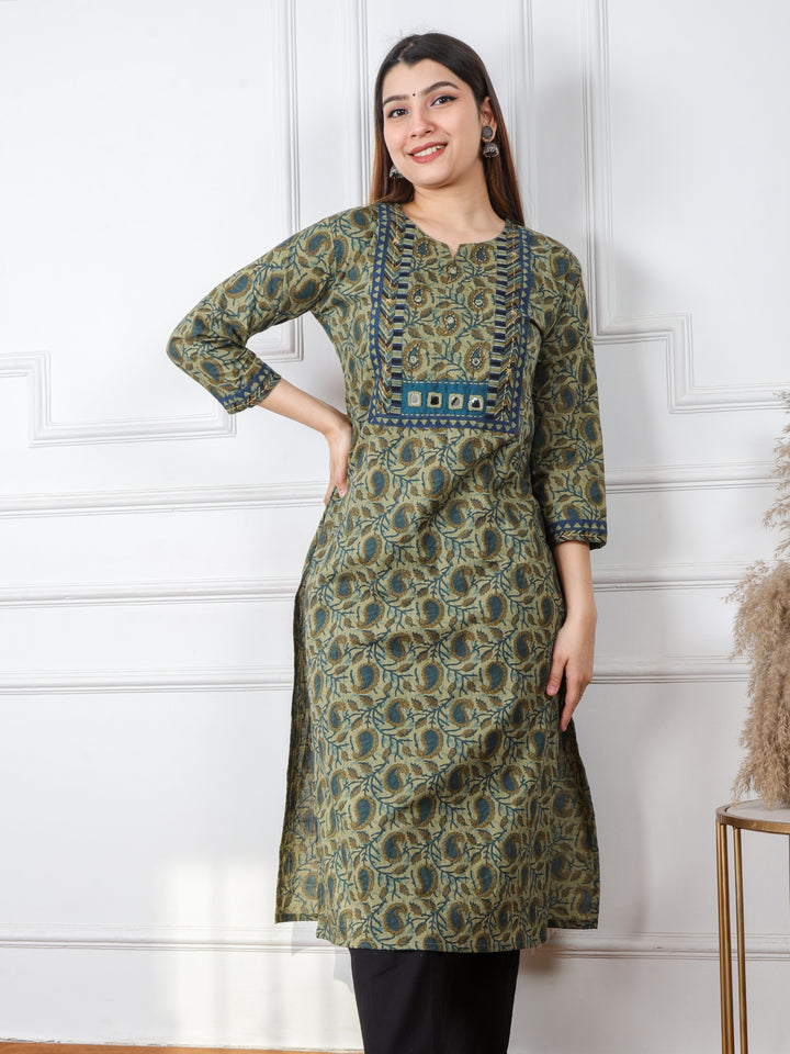Chaahat Fern Green Kutch Mirror Neck Work Ajrak Print Cotton Kurti4