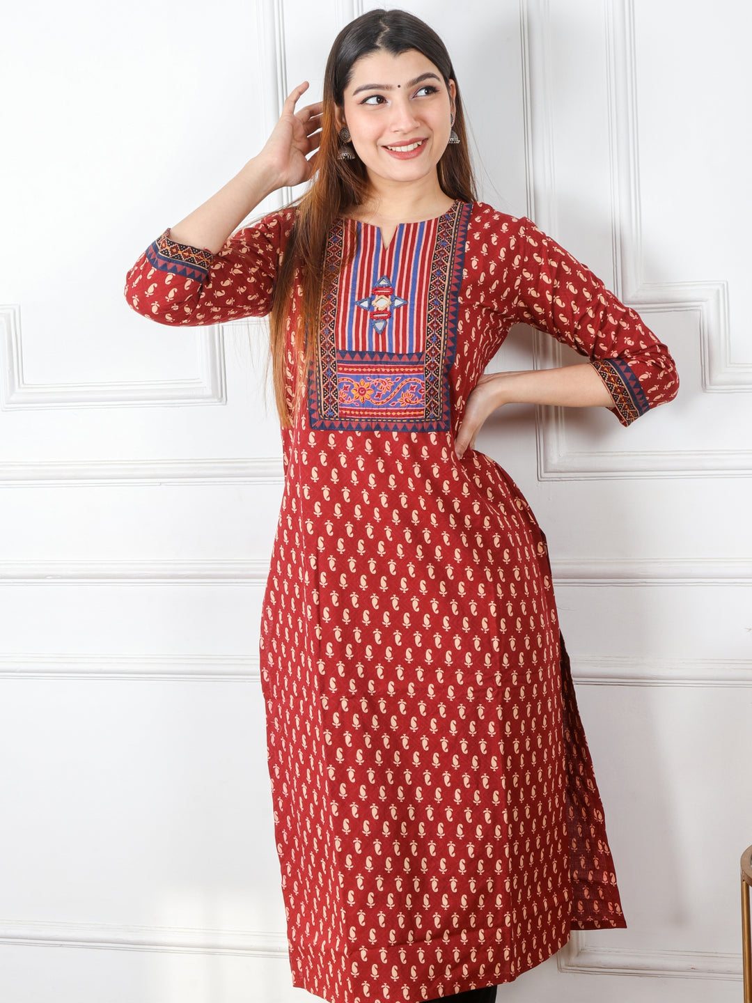 Ruhani Apple Red Kutch Mirror Neck Work Ajrak Print Cotton Kurti-D1