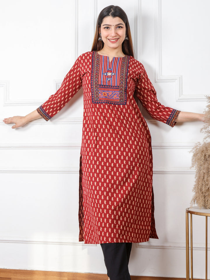 Ruhani Apple Red Kutch Mirror Neck Work Ajrak Print Cotton Kurti-D1