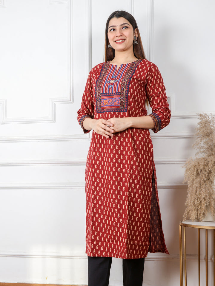 Ruhani Apple Red Kutch Mirror Neck Work Ajrak Print Cotton Kurti-D1