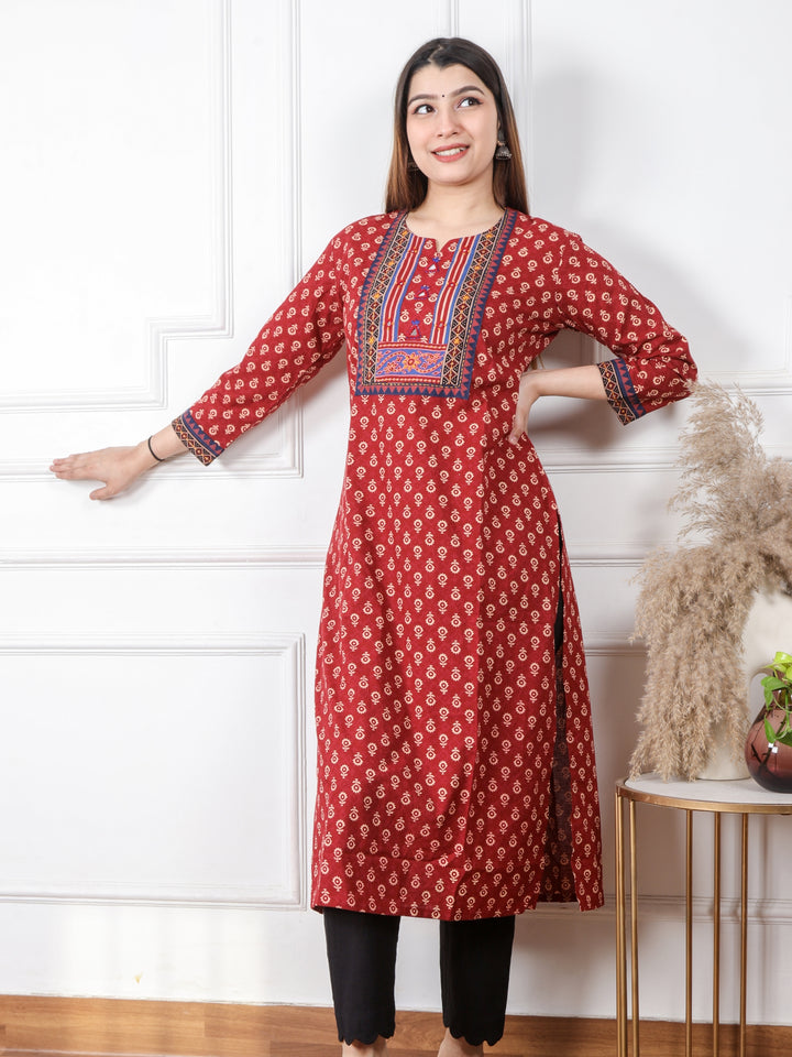 Ruhani Apple Red Kutch Mirror Neck Work Ajrak Print Cotton Kurti-D2