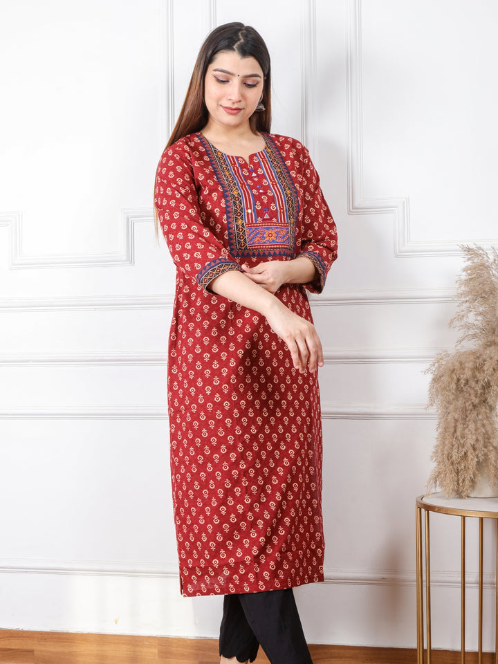 Ruhani Apple Red Kutch Mirror Neck Work Ajrak Print Cotton Kurti-D2