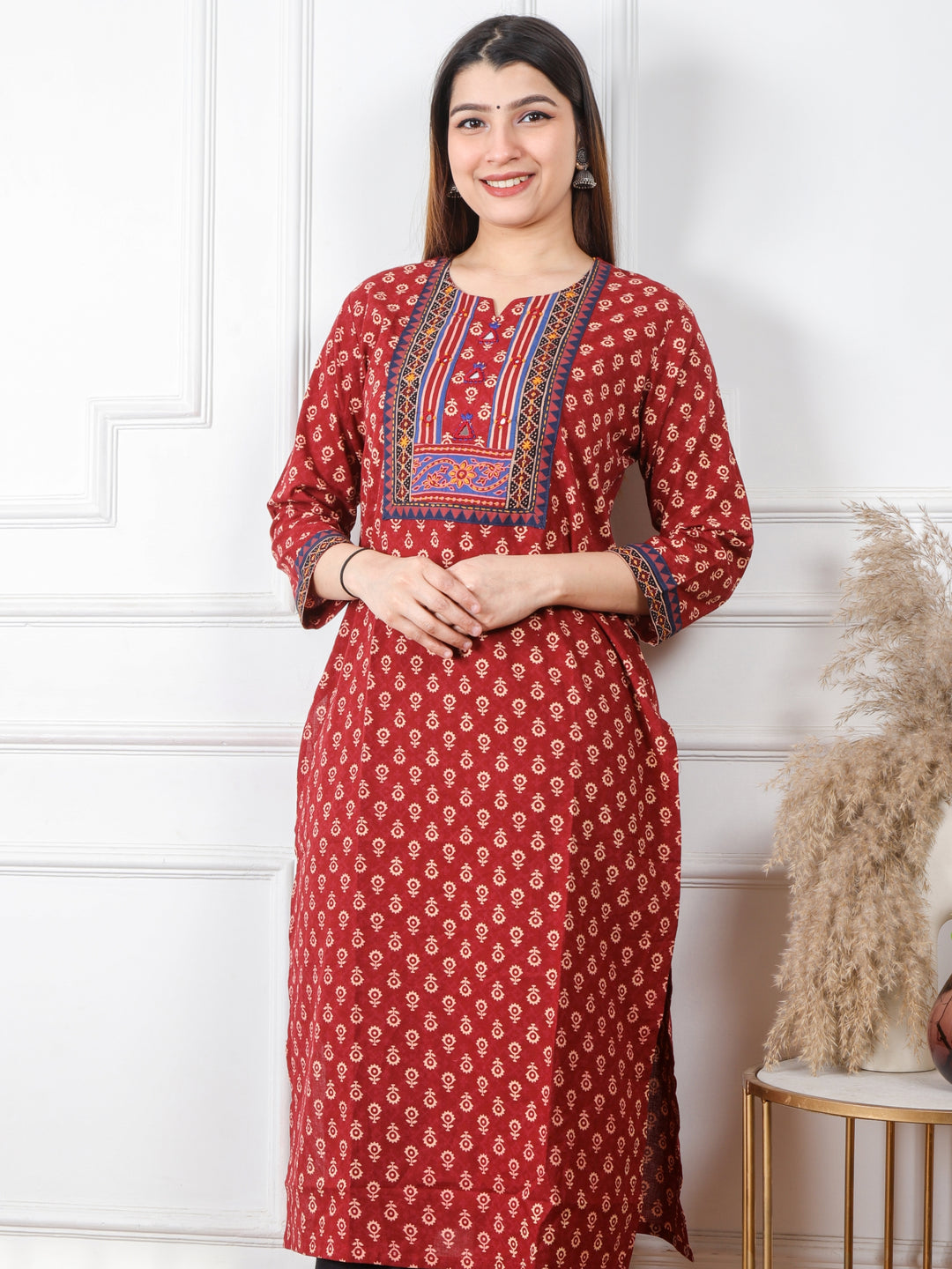 Ruhani Apple Red Kutch Mirror Neck Work Ajrak Print Cotton Kurti-D2