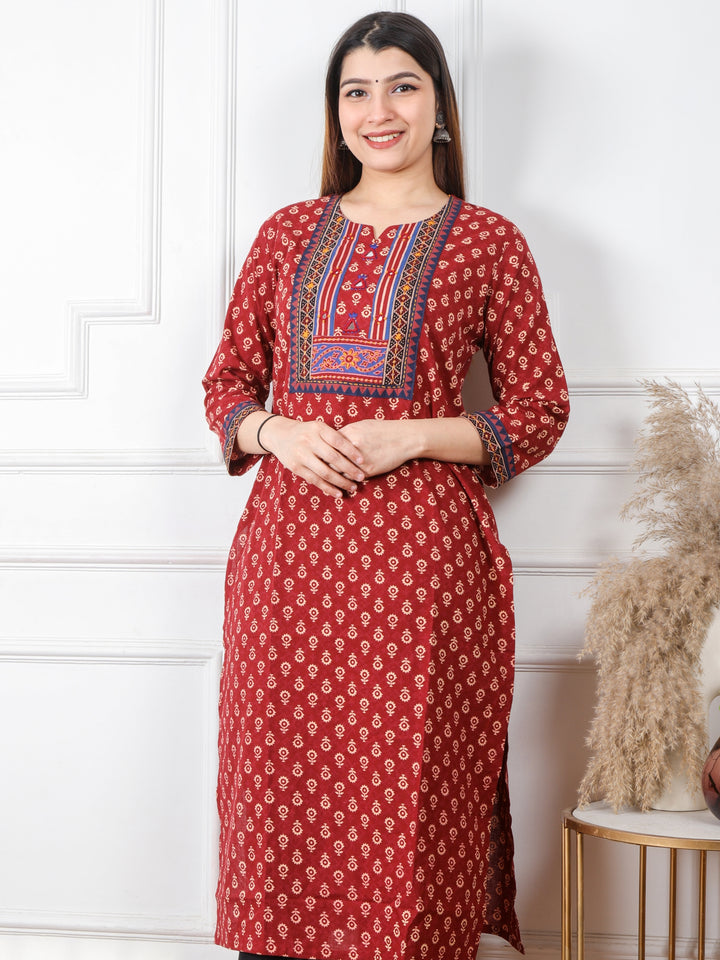 Ruhani Apple Red Kutch Mirror Neck Work Ajrak Print Cotton Kurti-D2