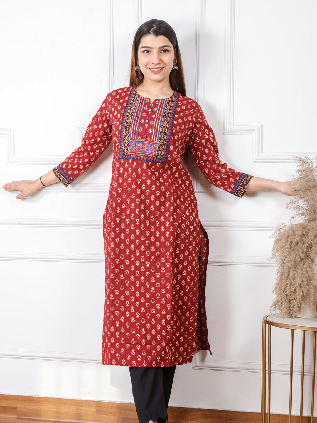 Ruhani Apple Red Kutch Mirror Neck Work Ajrak Print Cotton Kurti-D2