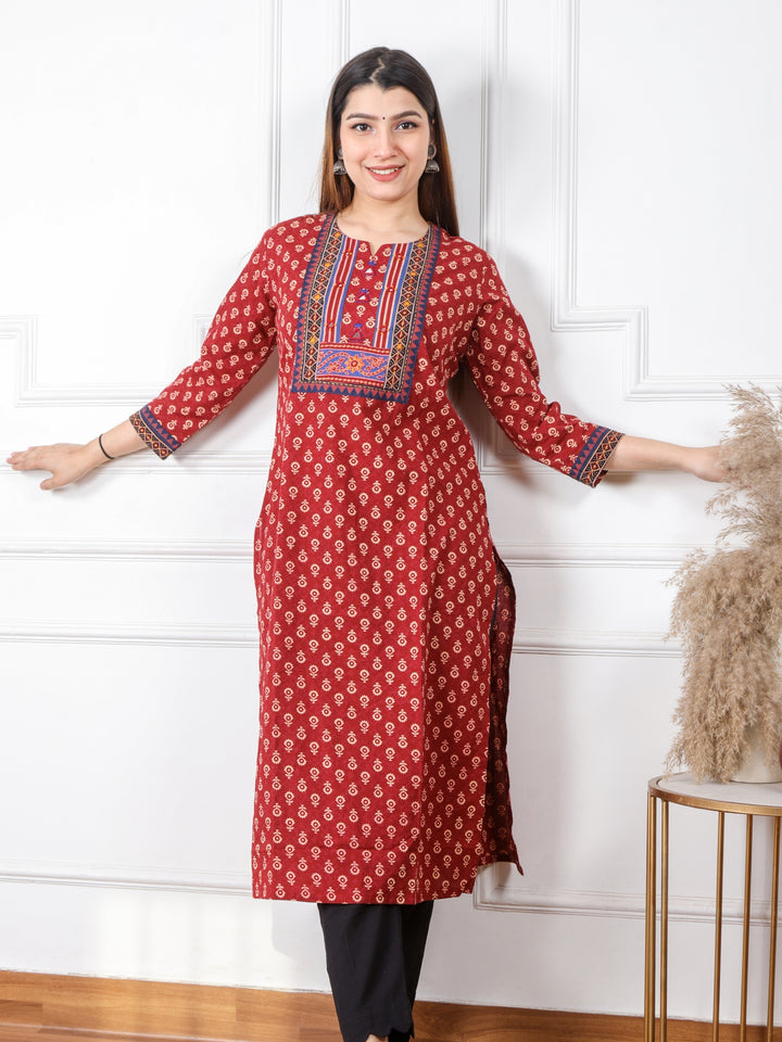 Ruhani Apple Red Kutch Mirror Neck Work Ajrak Print Cotton Kurti-D2