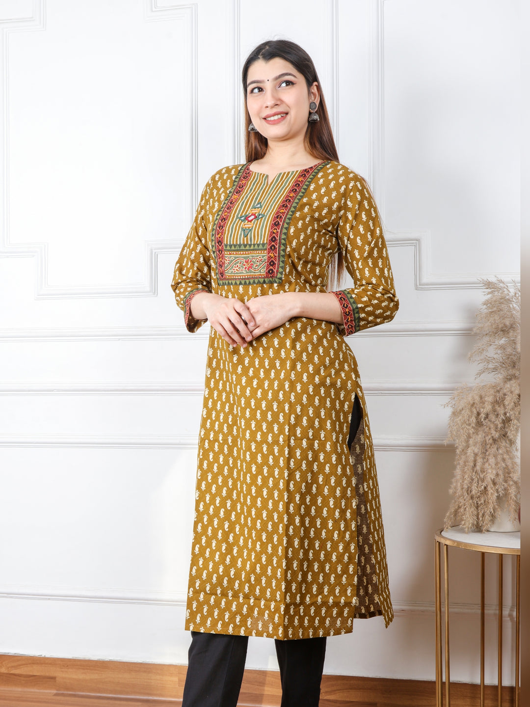 Ruhani Mustard Yellow Kutch Mirror Neck Work Ajrak Print Cotton Kurti-D1
