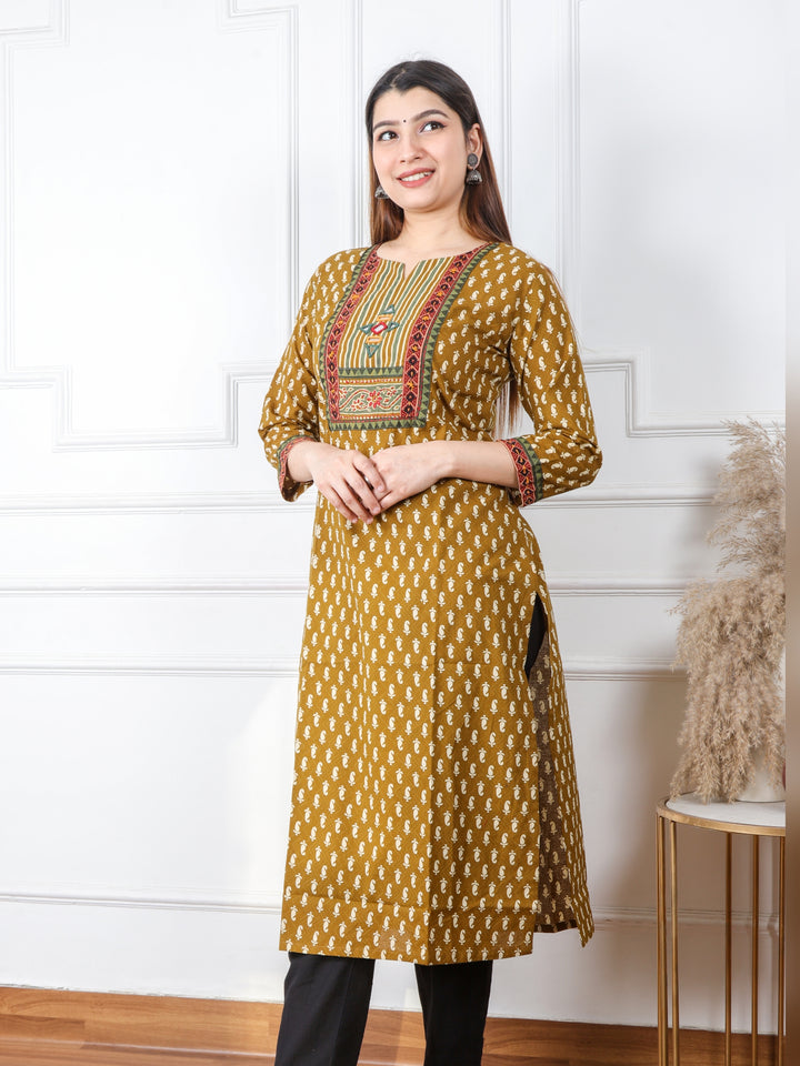 Ruhani Mustard Yellow Kutch Mirror Neck Work Ajrak Print Cotton Kurti-D1