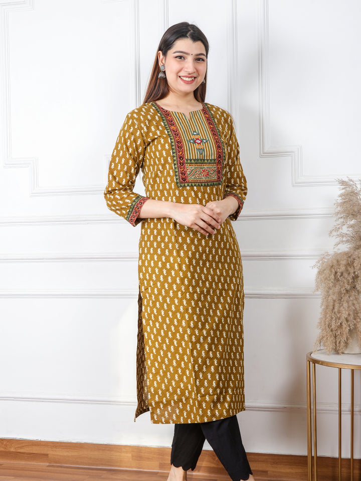 Ruhani Mustard Yellow Kutch Mirror Neck Work Ajrak Print Cotton Kurti-D1