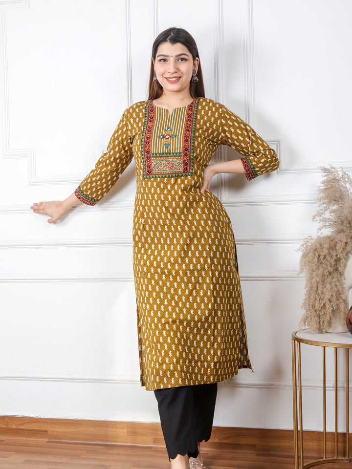 Ruhani Mustard Yellow Kutch Mirror Neck Work Ajrak Print Cotton Kurti-D1