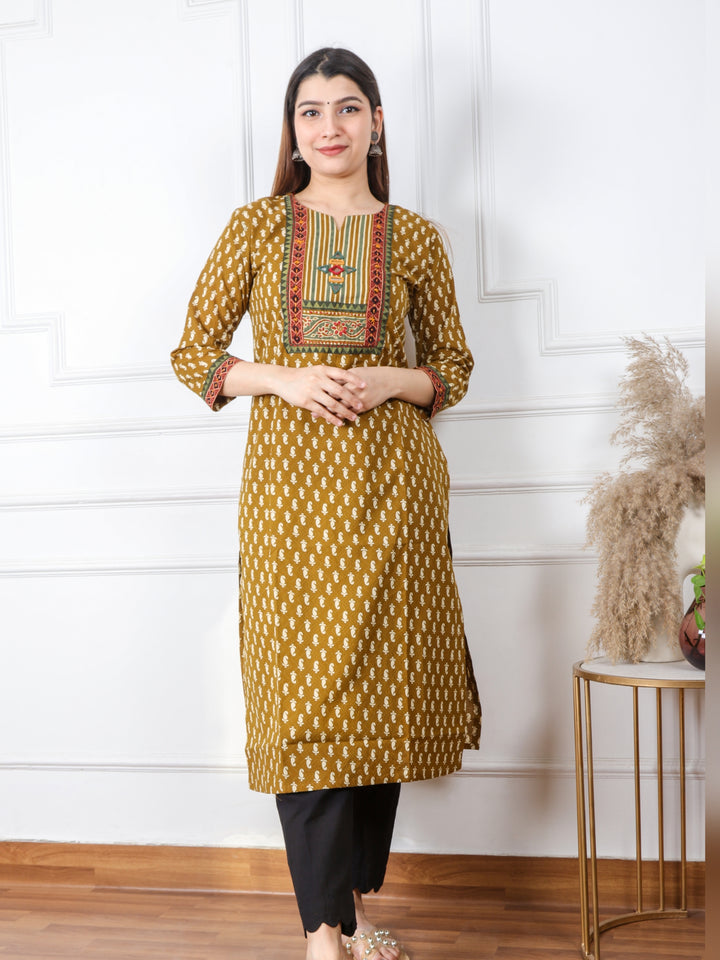 Ruhani Mustard Yellow Kutch Mirror Neck Work Ajrak Print Cotton Kurti-D1