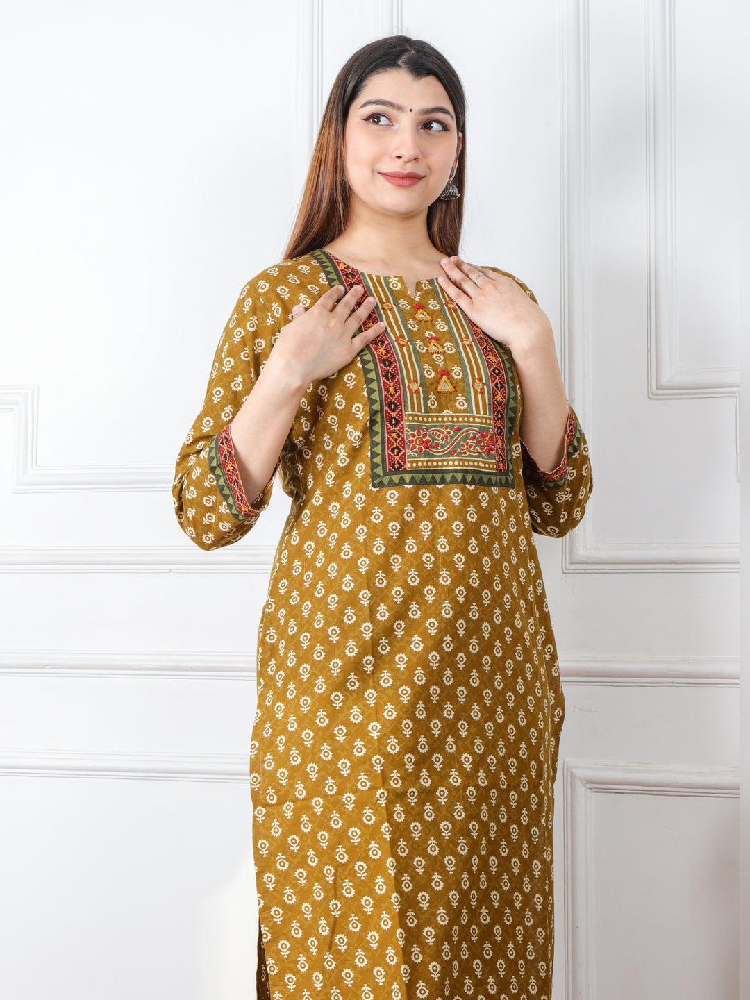 Ruhani Mustard Yellow Kutch Mirror Neck Work Ajrak Print Cotton Kurti-D2