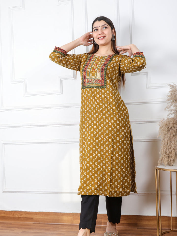 Ruhani Mustard Yellow Kutch Mirror Neck Work Ajrak Print Cotton Kurti-D2