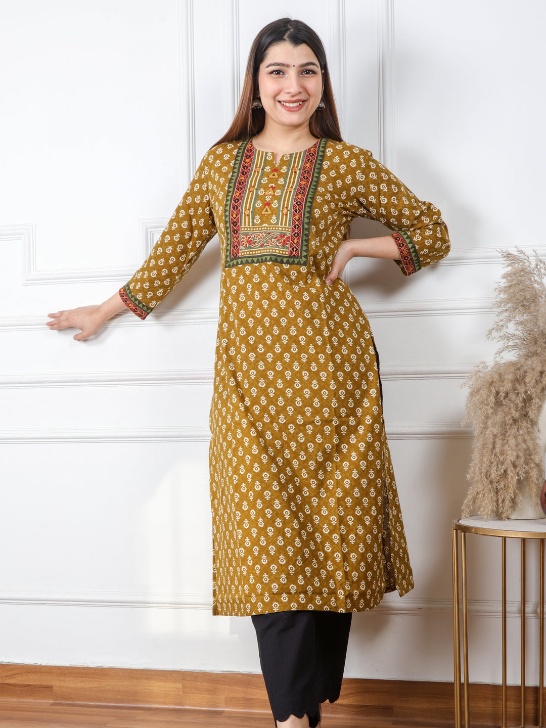 Ruhani Mustard Yellow Kutch Mirror Neck Work Ajrak Print Cotton Kurti-D2