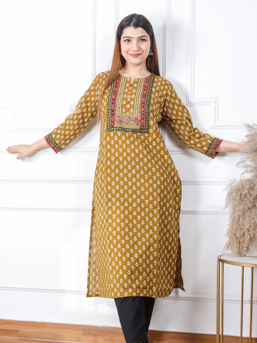 Ruhani Mustard Yellow Kutch Mirror Neck Work Ajrak Print Cotton Kurti-D2
