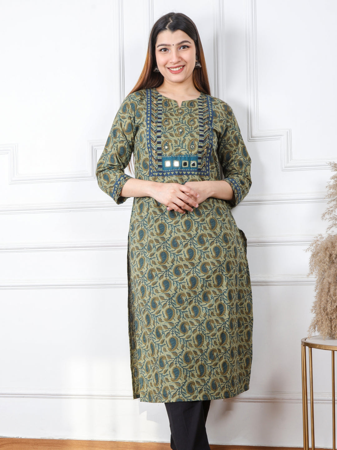Chaahat Fern Green Kutch Mirror Neck Work Ajrak Print Cotton Kurti4