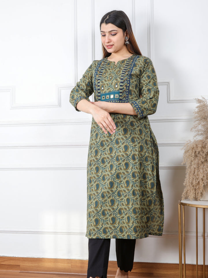 Chaahat Fern Green Kutch Mirror Neck Work Ajrak Print Cotton Kurti4