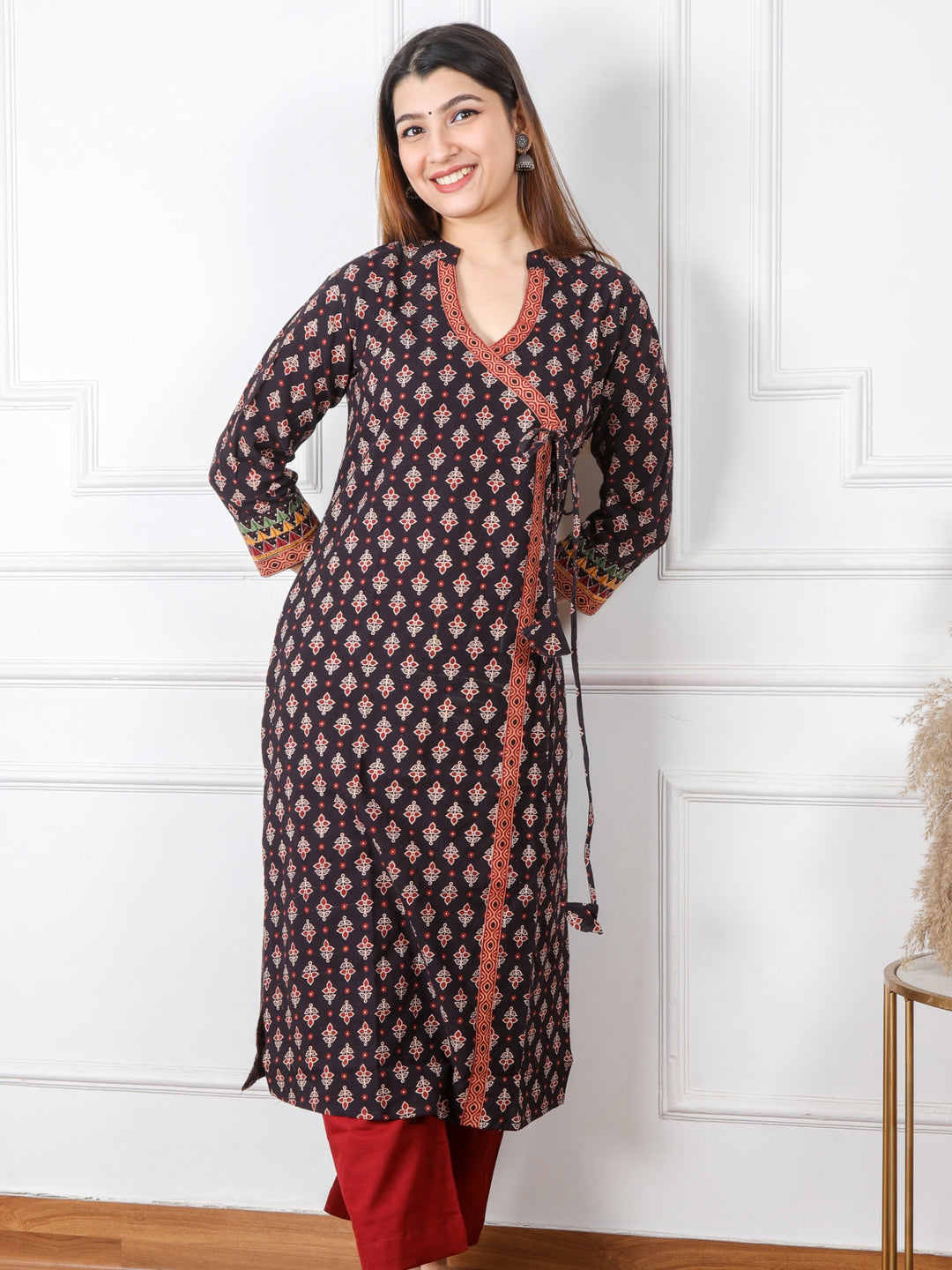 Ghoomer Faded Black Angrakha Style Neck Work Print Cotton Kurti-D1