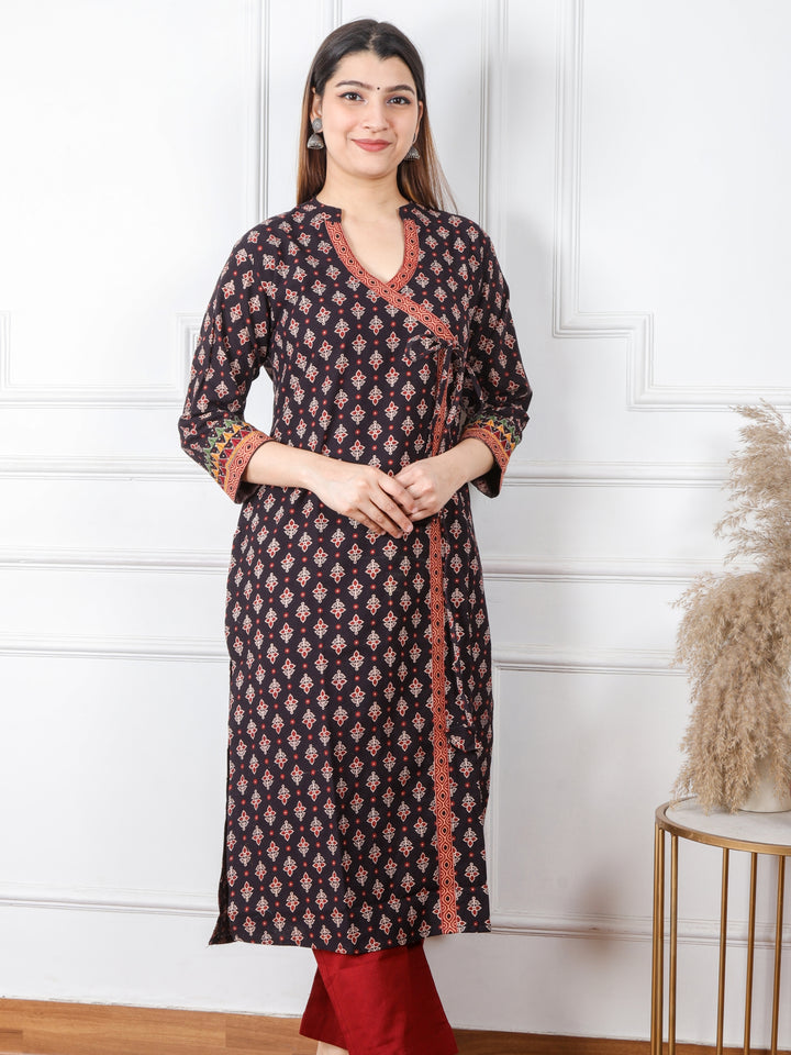 Ghoomer Faded Black Angrakha Style Neck Work Print Cotton Kurti-D1