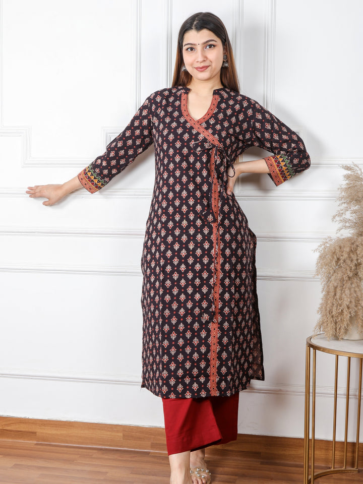 Ghoomer Faded Black Angrakha Style Neck Work Print Cotton Kurti-D1