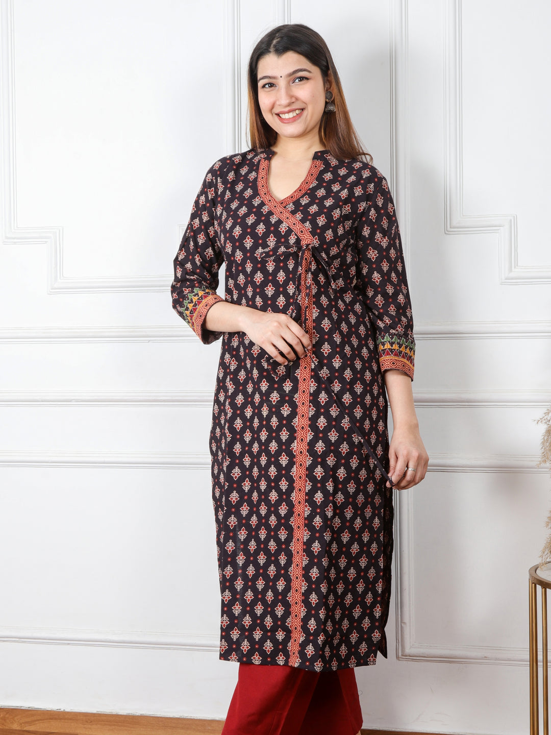 Ghoomer Faded Black Angrakha Style Neck Work Print Cotton Kurti-D1