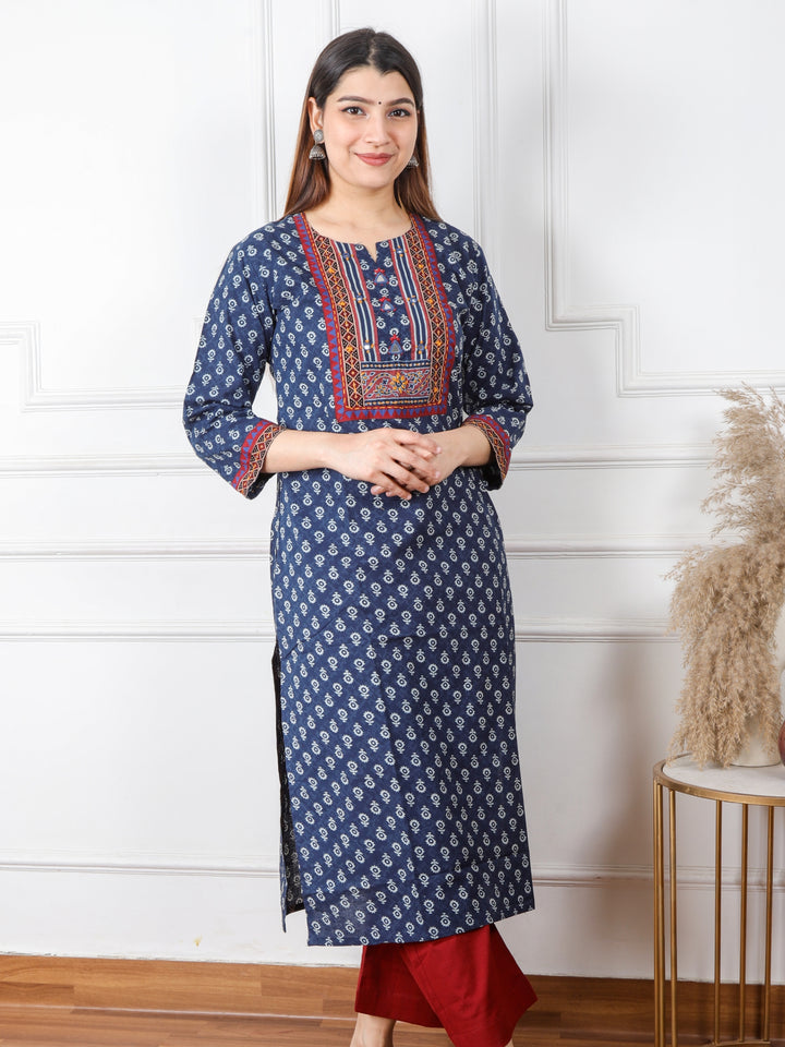 Ruhani Denim Blue Kutch Mirror Neck Work Ajrak Print Cotton Kurti-D2