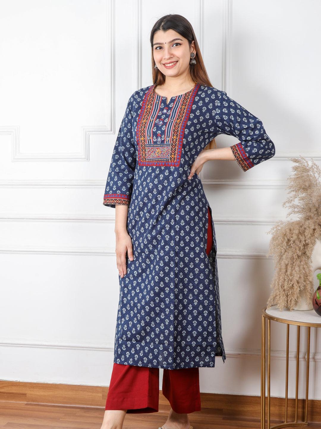 Ruhani Denim Blue Kutch Mirror Neck Work Ajrak Print Cotton Kurti-D2