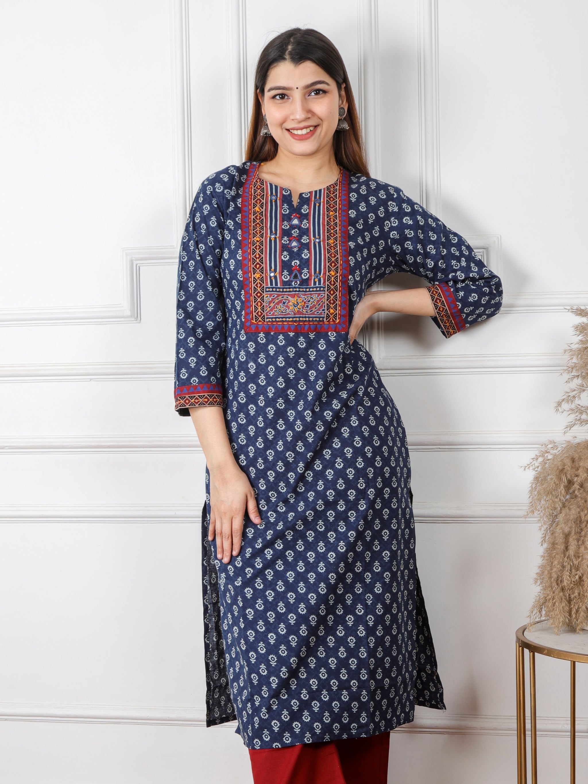 Ruhani Denim Blue Kutch Mirror Neck Work Ajrak Print Cotton Kurti-D2 ...