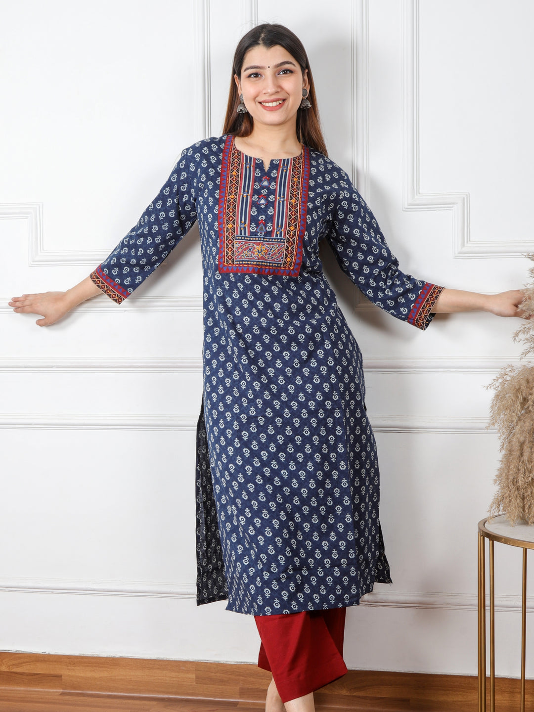 Ruhani Denim Blue Kutch Mirror Neck Work Ajrak Print Cotton Kurti-D2