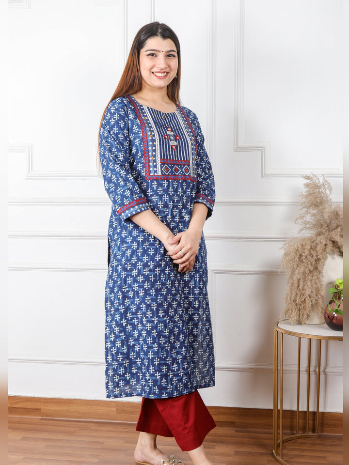Chaahat Indigo Blue Kutch Mirror Neck Work Ajrak Print Cotton Kurti-D2