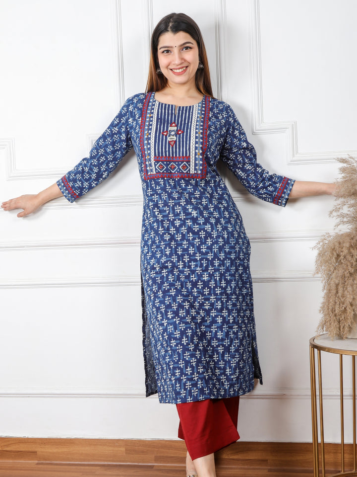 Chaahat Indigo Blue Kutch Mirror Neck Work Ajrak Print Cotton Kurti-D2