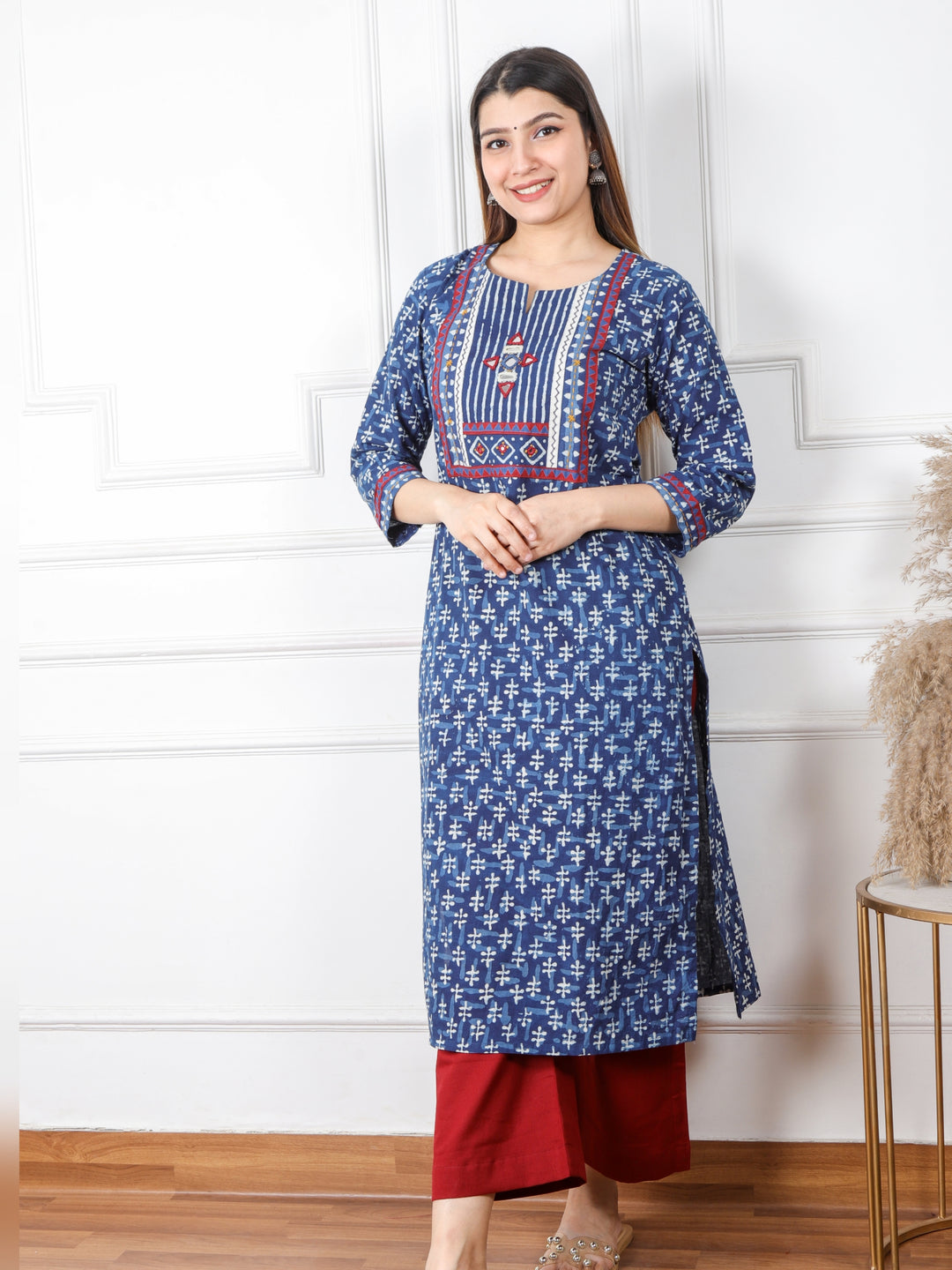 Chaahat Indigo Blue Kutch Mirror Neck Work Ajrak Print Cotton Kurti-D2