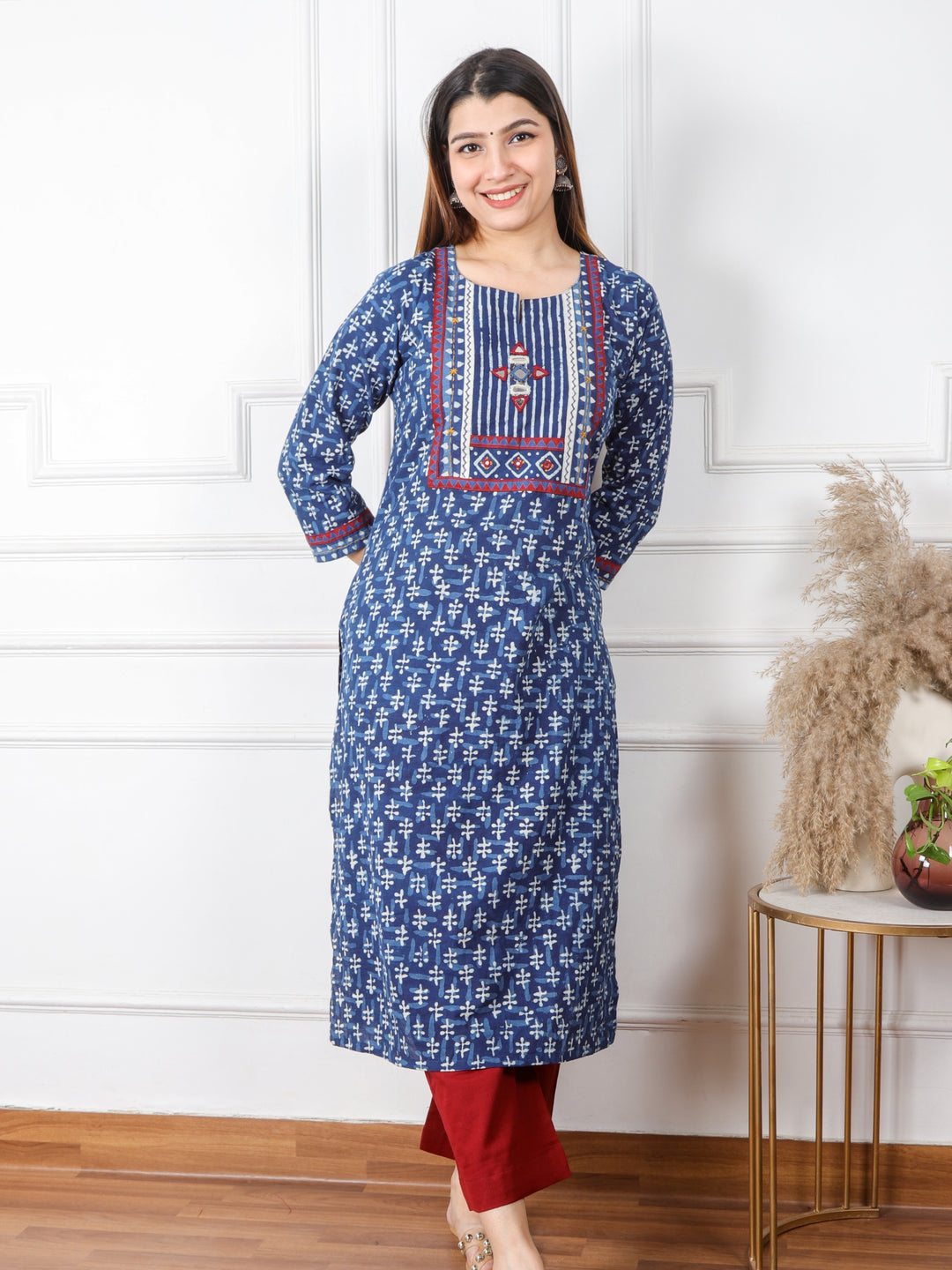 Chaahat Indigo Blue Kutch Mirror Neck Work Ajrak Print Cotton Kurti-D2