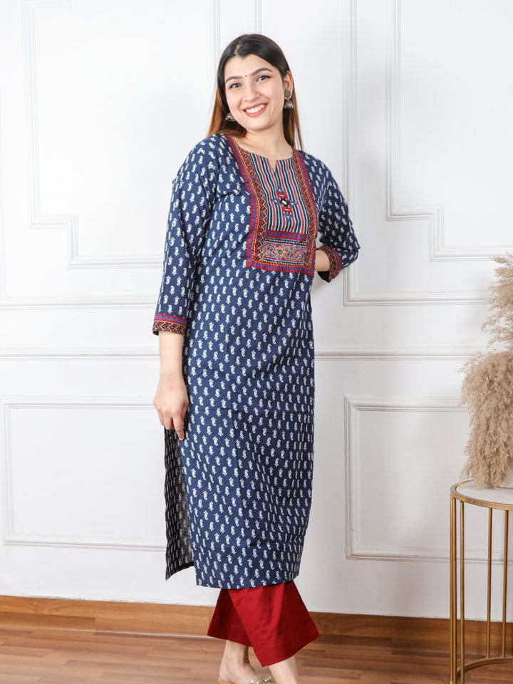 Ruhani Denim Blue Kutch Mirror Neck Work Ajrak Print Cotton Kurti-D1