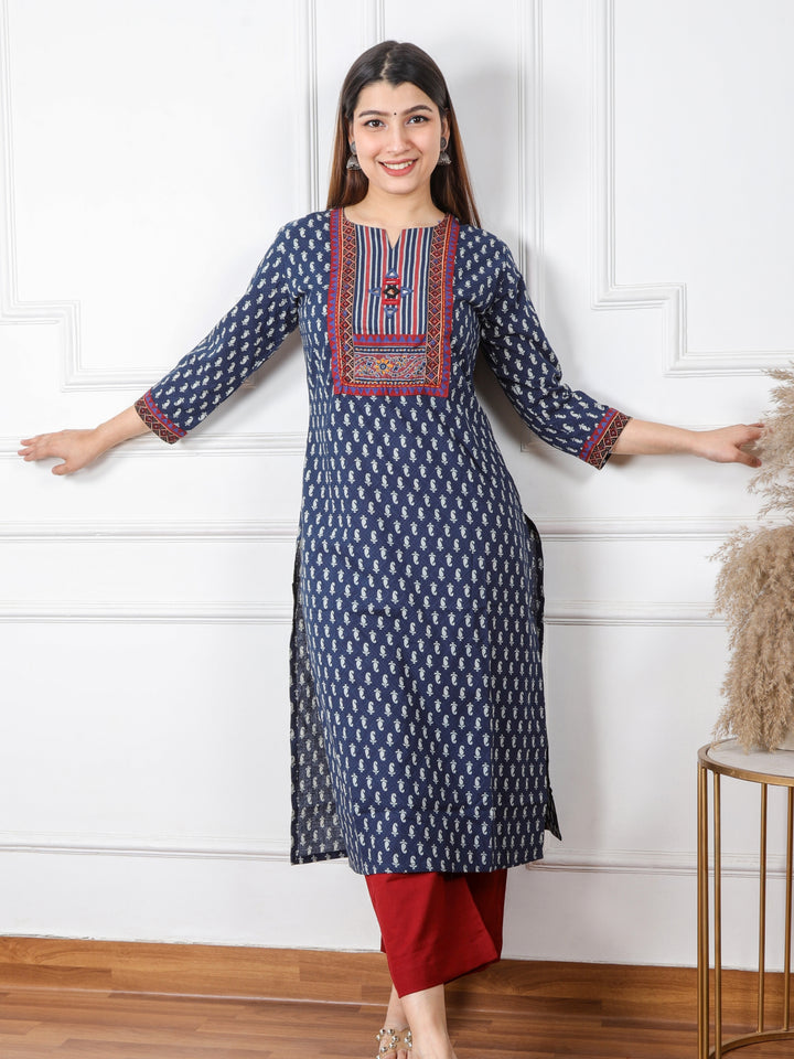 Ruhani Denim Blue Kutch Mirror Neck Work Ajrak Print Cotton Kurti-D1