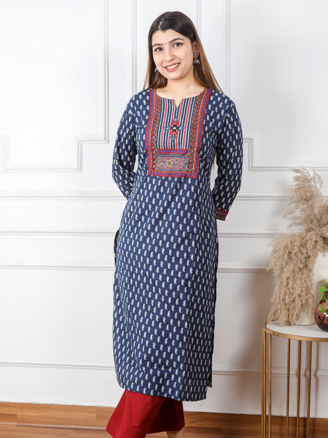 Ruhani Denim Blue Kutch Mirror Neck Work Ajrak Print Cotton Kurti-D1