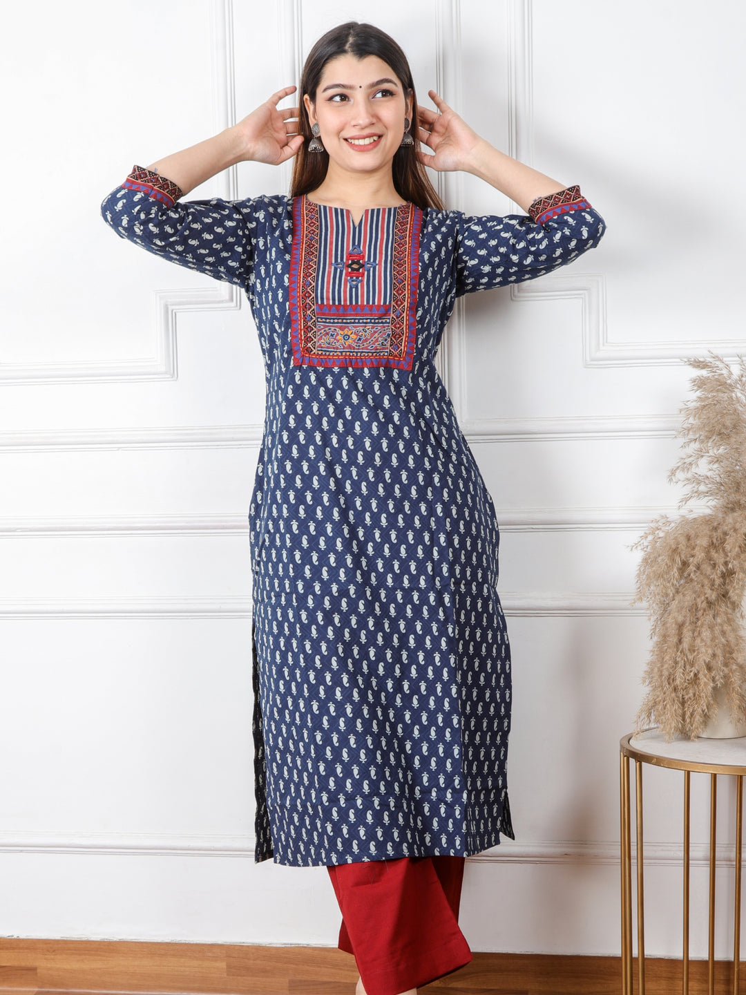 Ruhani Denim Blue Kutch Mirror Neck Work Ajrak Print Cotton Kurti-D1